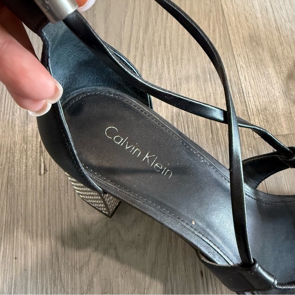 Calvin Klein Natania Black Leather Strappy Lace Up Dress Sandals Silver Heel 7 - Picture 5 of 11